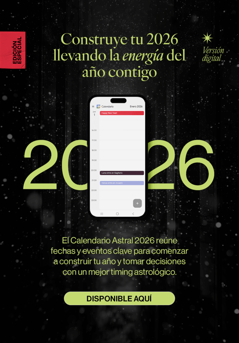 Calendario Astral 2026 de Mia Astral con fechas astrológicas, tránsitos planetarios y recordatorios energéticos integrados en app de calendario, herramienta digital para planificar el año según la astrología.